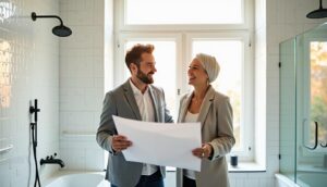 Billedet viser en moderne badeværelsesrenovering med stilfulde fliser, en rummelig bruseniche og elegante armaturer.